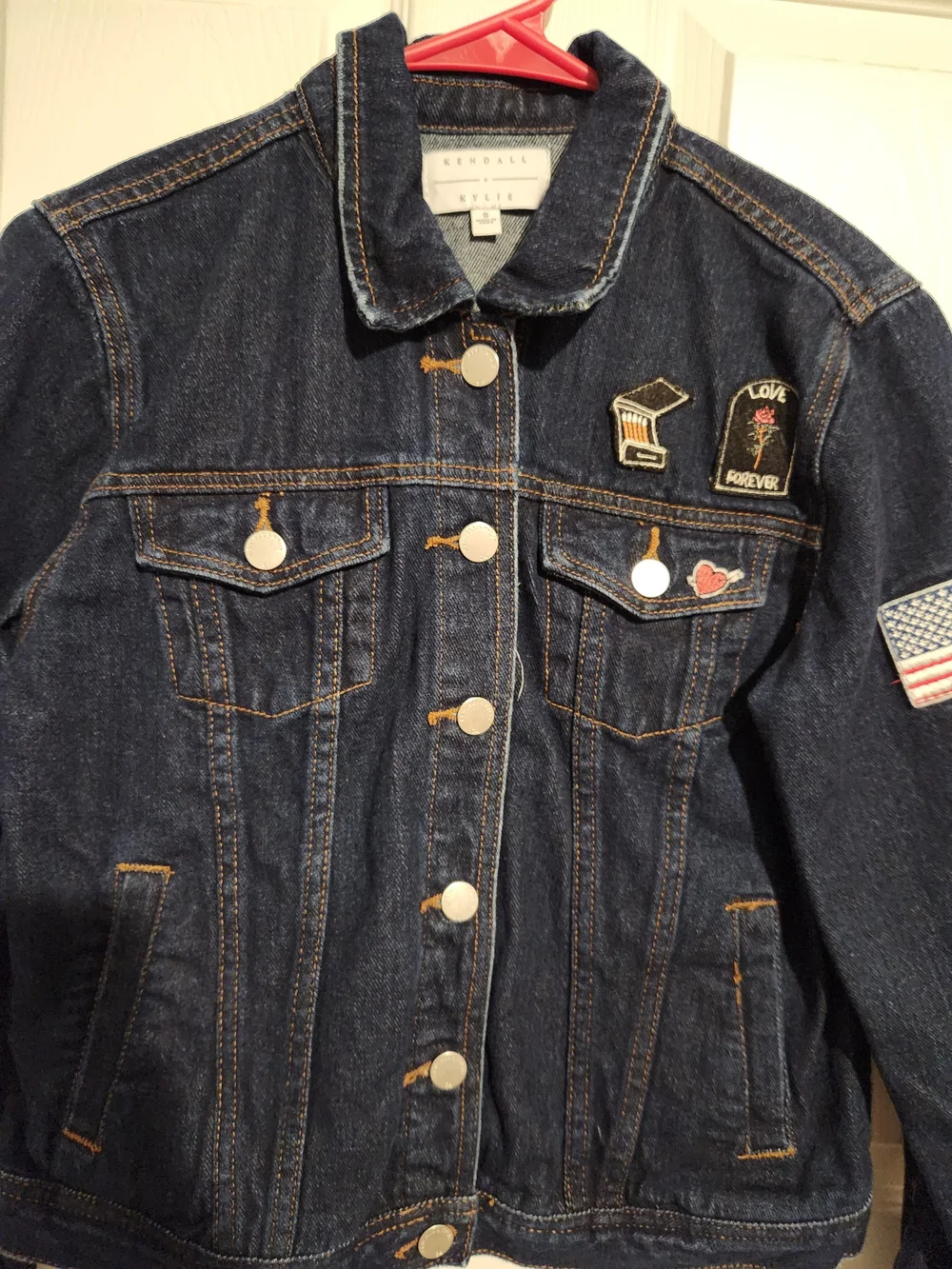 Kendall & Kylie Dark Blue Denim Jacket with Patches and Flag Sleeve